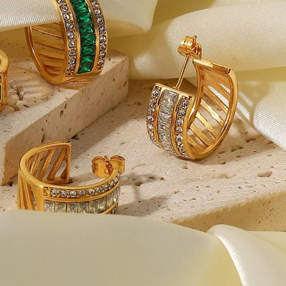 CC Zirconia Hoop Earrings 18K Gold Plated Stainless Steel - Picture 5 of 7